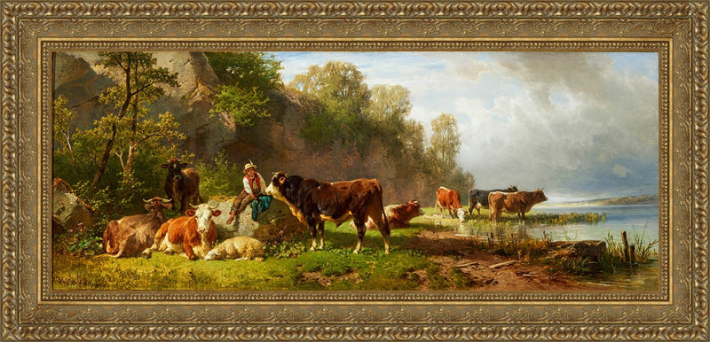 Young Shepherd with Cattle at the Lakeshore (Junger Hirte mit Rindern am Seeufer) – Johann Friedrich Voltz, 1854