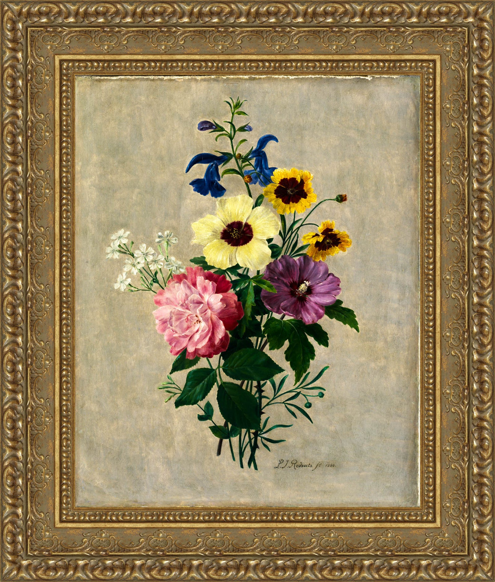 Bouquet with Rose, Delphinium, and Anemone – Pierre-Joseph Redouté, c. 1820s