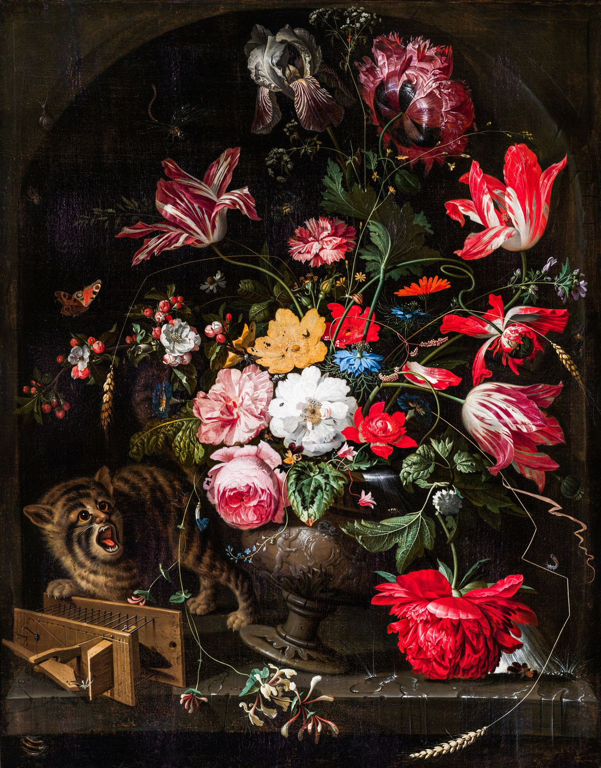 Cat Knocking Over A Vase Of Flowers – Abraham Mignon, 1660-1670, framed