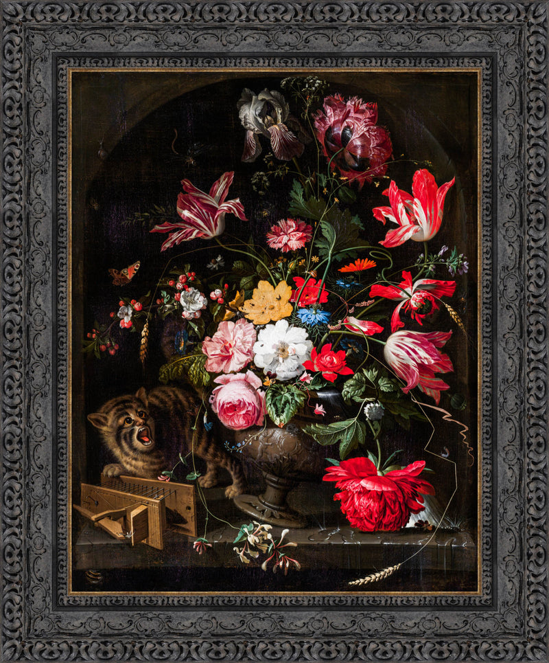Cat Knocking Over A Vase Of Flowers – Abraham Mignon, 1660-1670