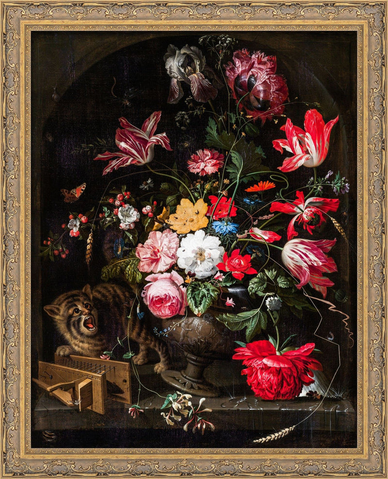 Cat Knocking Over A Vase Of Flowers – Abraham Mignon, 1660-1670