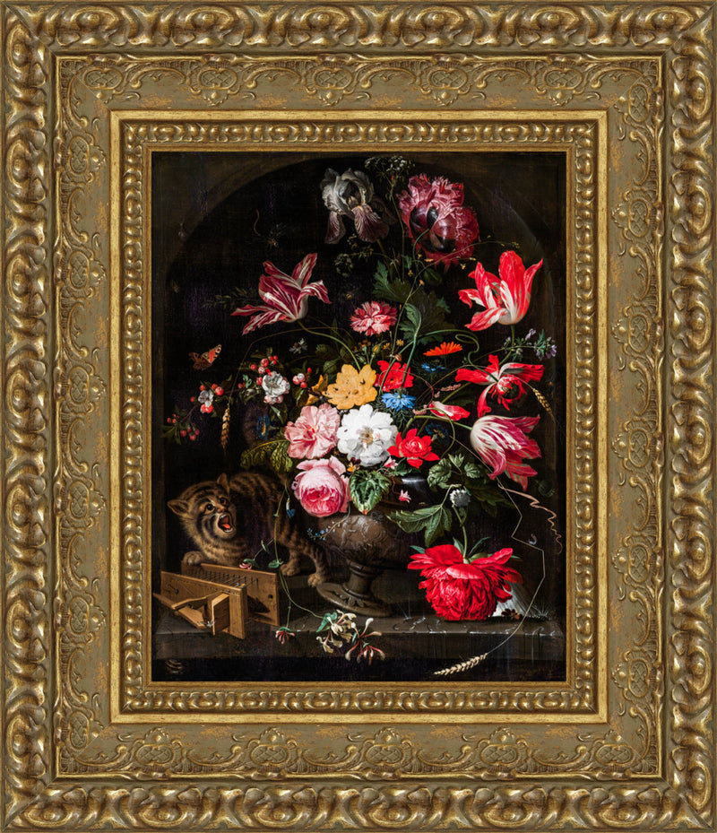 Cat Knocking Over A Vase Of Flowers – Abraham Mignon, 1660-1670