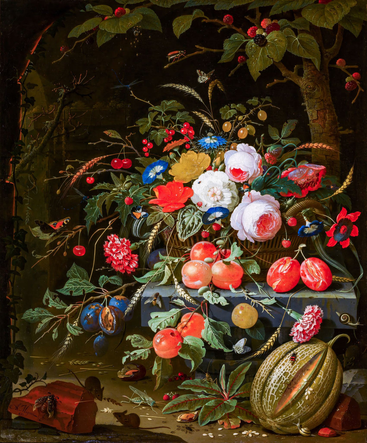 Flowers And Fruit – Abraham Mignon, 1665, framed