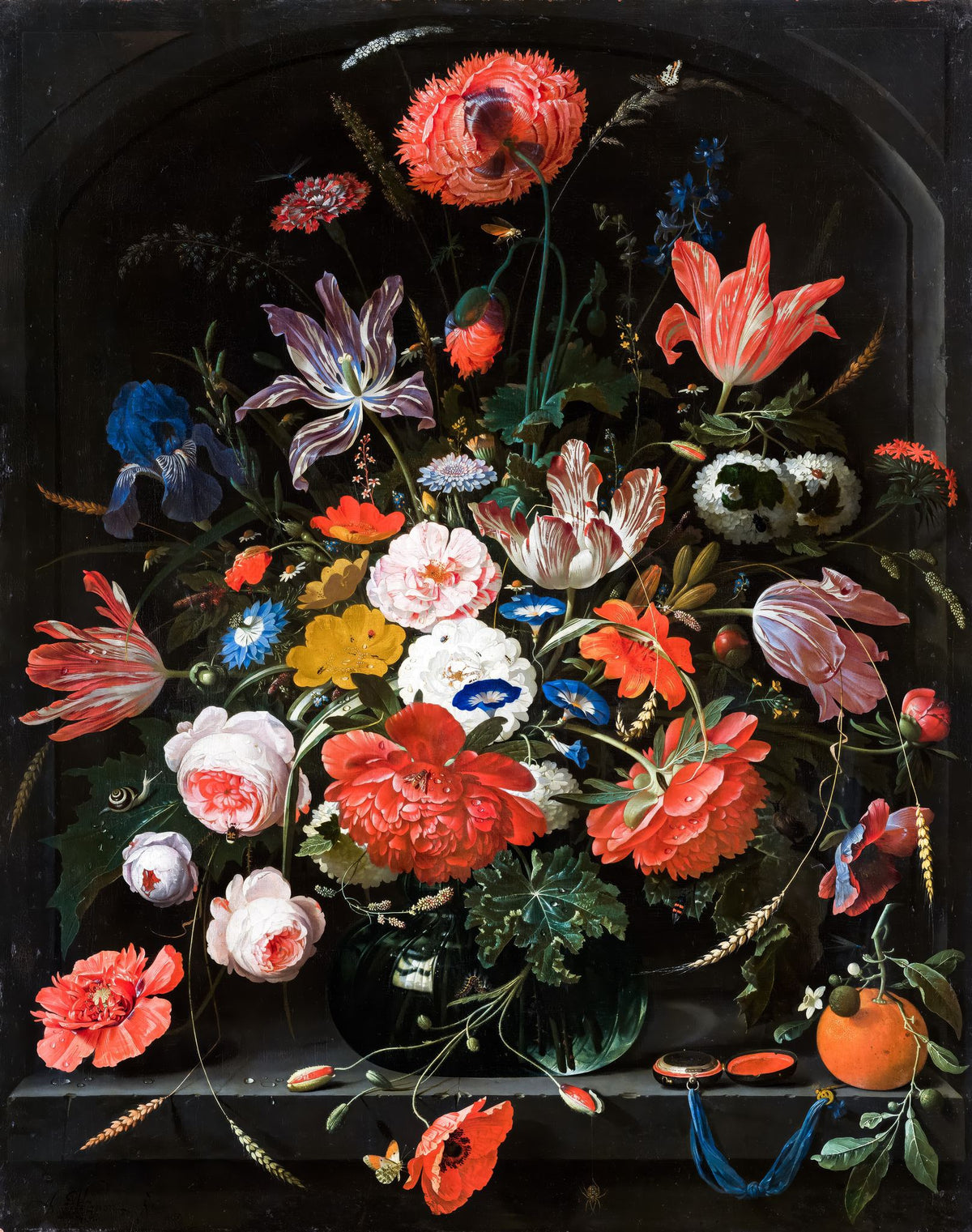 Flowers In A Glass Vase – Abraham Mignon, 1670, framed