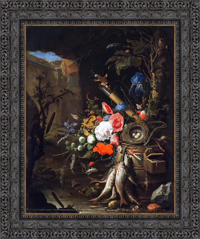 Still Life In A Grotto With Flowers Fish And A Bird's Nest – Abraham Mignon, 1675
