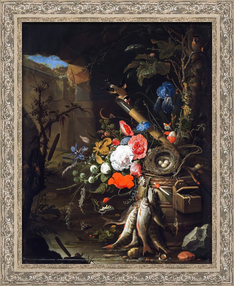 Still Life In A Grotto With Flowers Fish And A Bird's Nest – Abraham Mignon, 1675