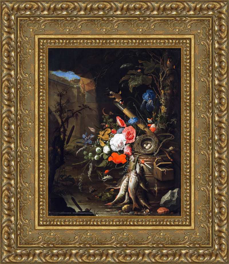 Still Life In A Grotto With Flowers Fish And A Bird's Nest – Abraham Mignon, 1675