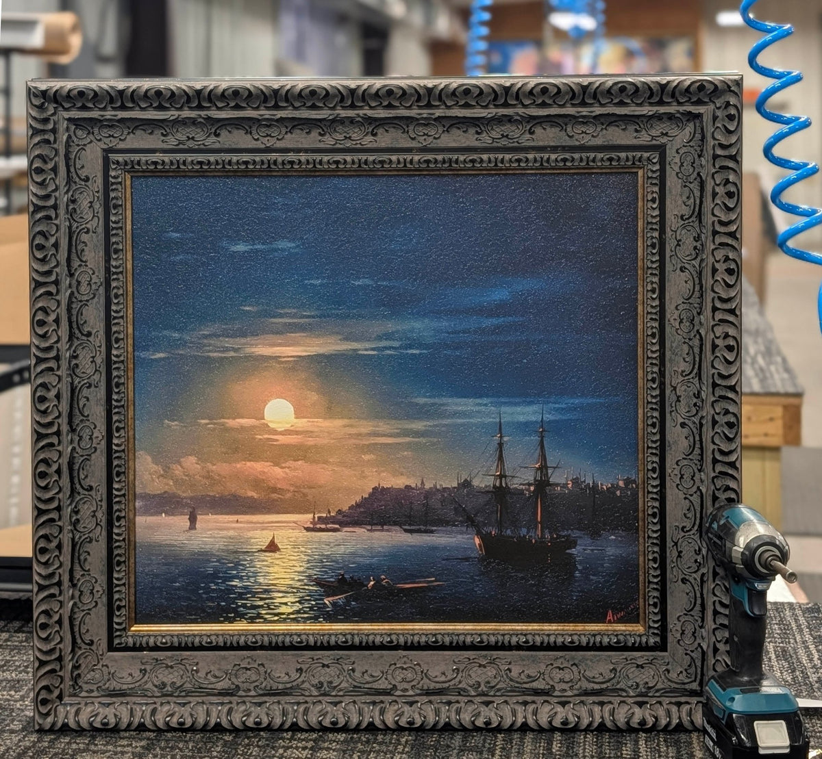 Constantinople in Moonlight – Ivan Aivazovsky, 1889, Medium Classic Charcoal frame, photographed on our worktable