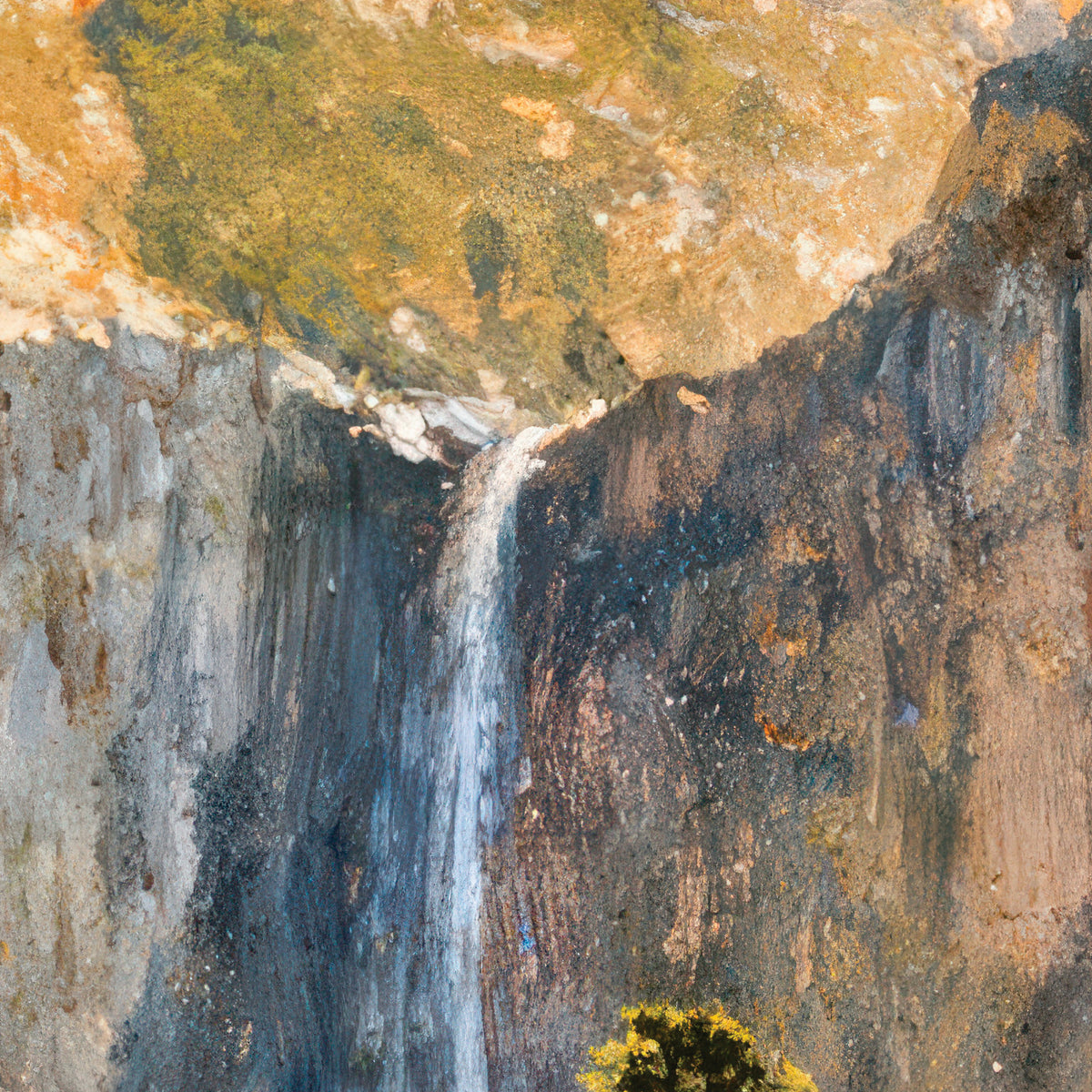Bridal Veil Falls, Yosemite Valley – Albert Bierstadt, 1871, print detail at full resolution