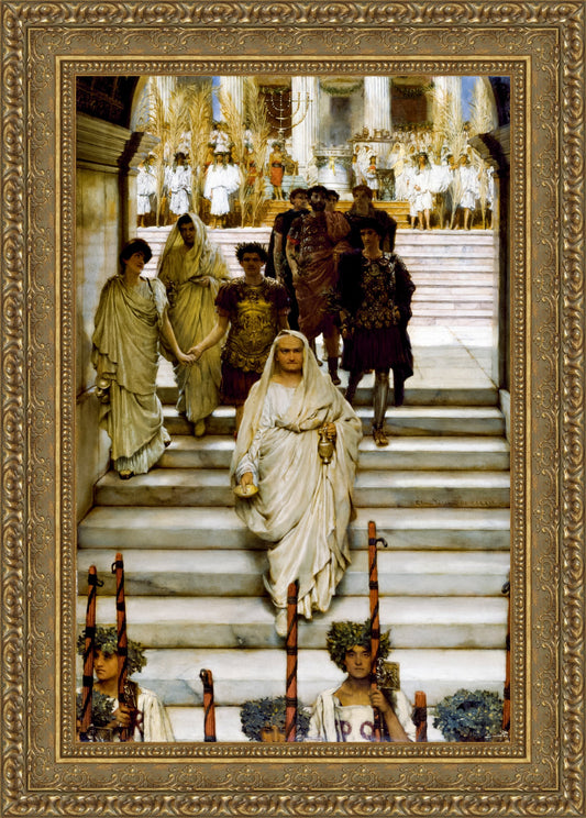 Lawrence Alma-Tadema's "The Triumph of Titus" 1885 latex on panel painting as a framed canvas reproduction, depicting Emperor Titus in a triumphal procession through ancient Rome, surrounded by soldiers, family, and splatexs of war like the seven-branched candlestick.