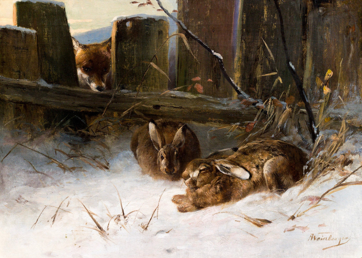 Fox and Hares in the Snow – Anton Weinberger, 1895, framed