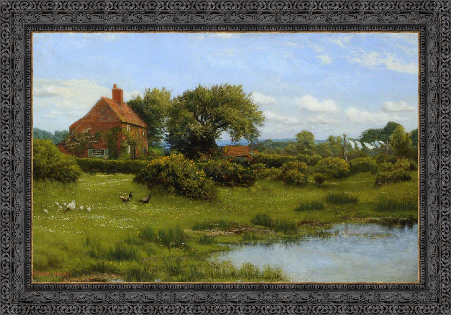 A Cottage With A Pond At Burghfield Near Reading by Arthur Hughes — Framed Giclee Canvas Print | Canvas Classics