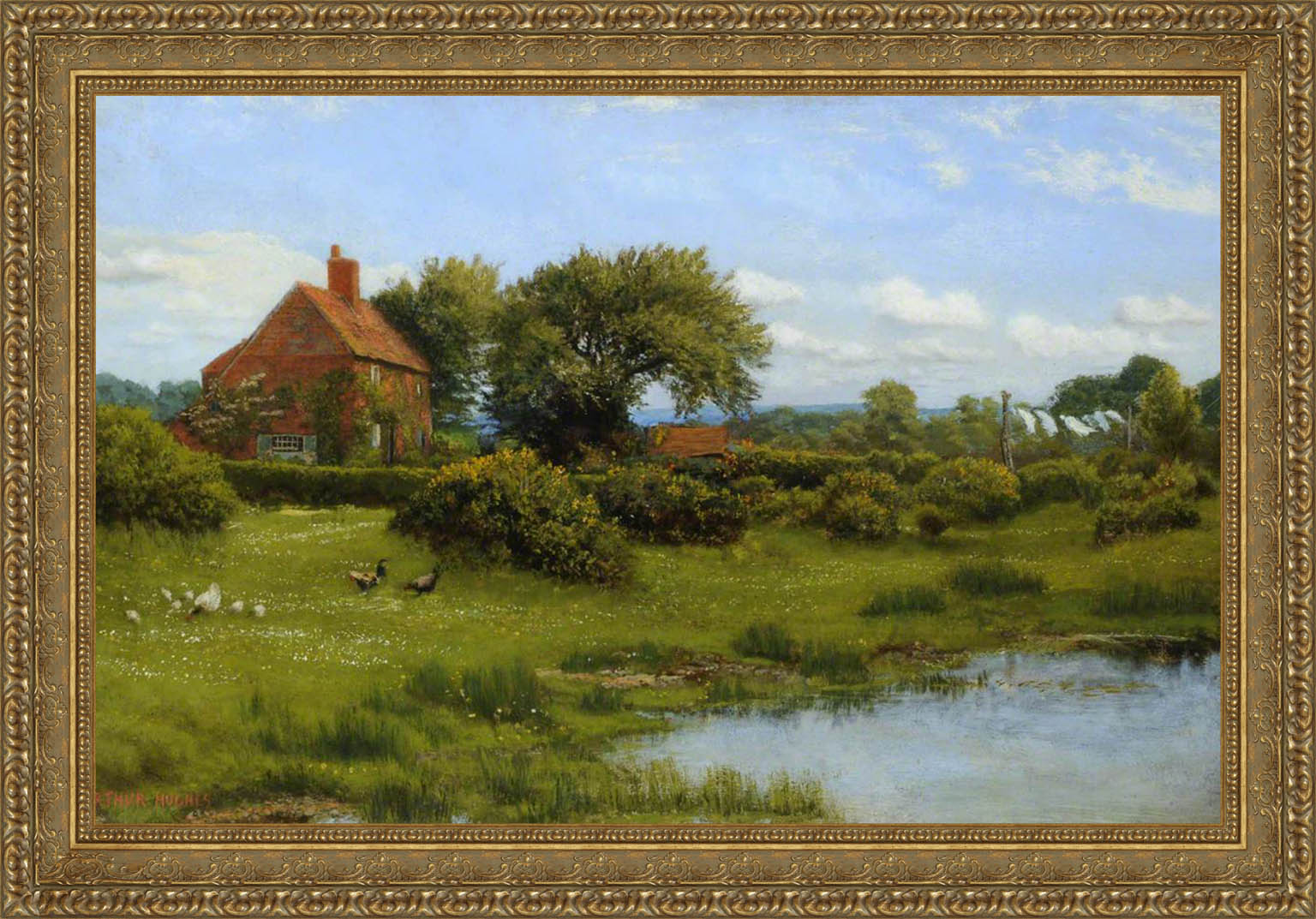 A Cottage With A Pond At Burghfield Near Reading by Arthur Hughes — Framed Giclee Canvas Print | Canvas Classics