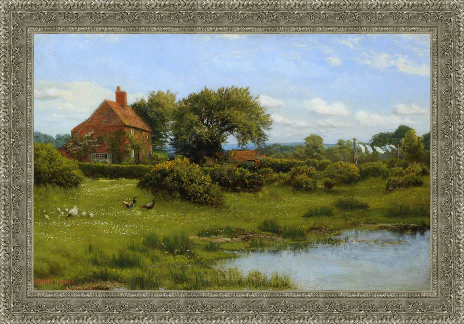 A Cottage With A Pond At Burghfield Near Reading by Arthur Hughes — Framed Giclee Canvas Print | Canvas Classics