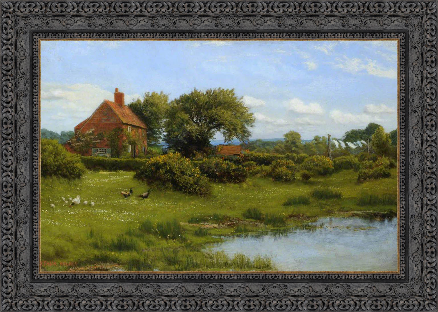 A Cottage With A Pond At Burghfield Near Reading by Arthur Hughes — Framed Giclee Canvas Print | Canvas Classics