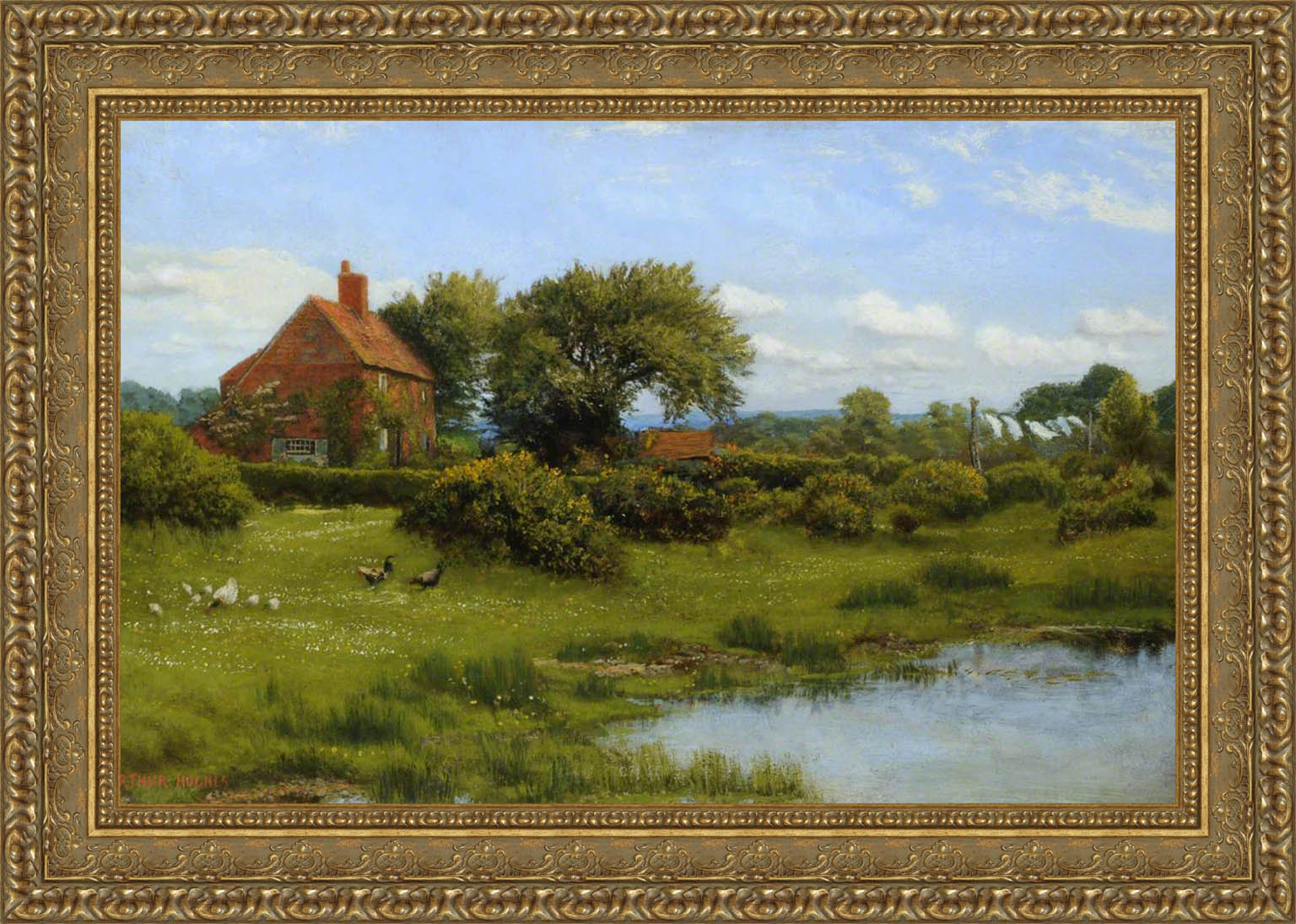 A Cottage With A Pond At Burghfield Near Reading by Arthur Hughes — Framed Giclee Canvas Print | Canvas Classics