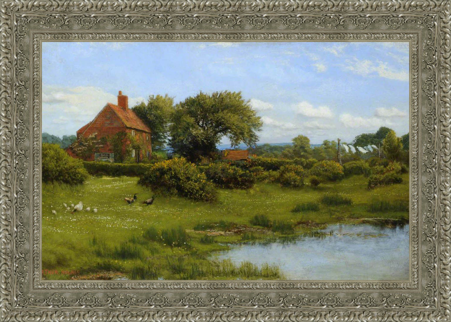 A Cottage With A Pond At Burghfield Near Reading by Arthur Hughes — Framed Giclee Canvas Print | Canvas Classics