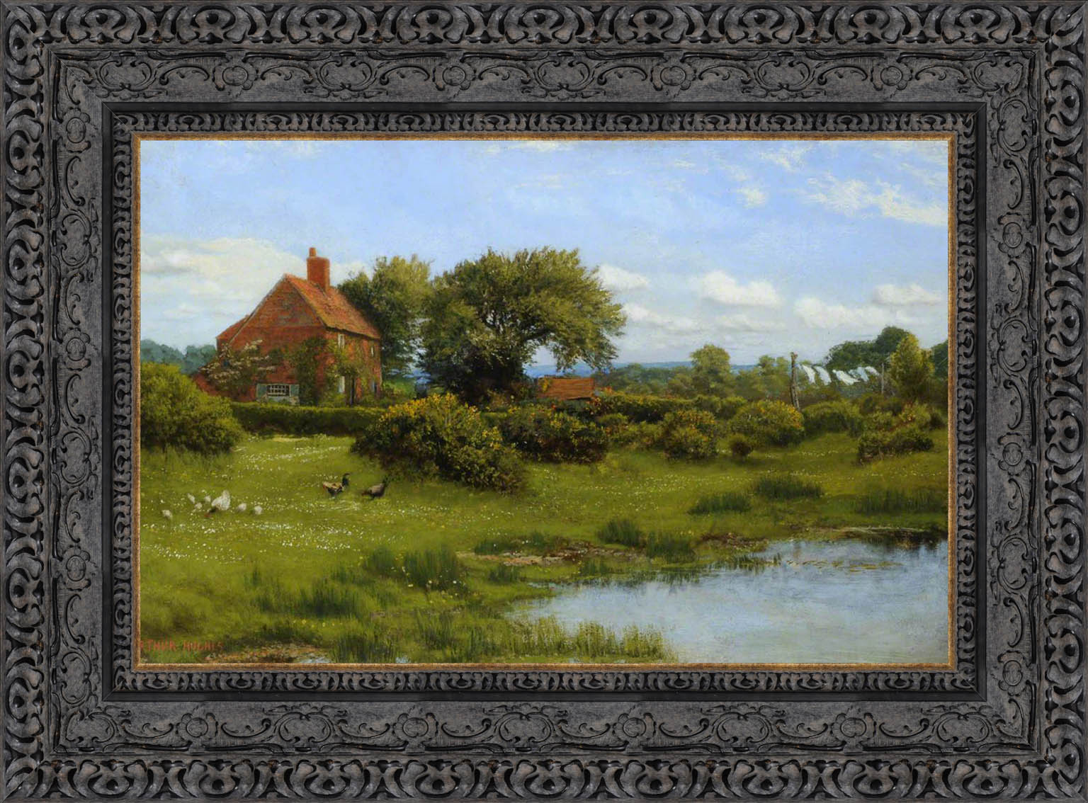 A Cottage With A Pond At Burghfield Near Reading by Arthur Hughes — Framed Giclee Canvas Print | Canvas Classics