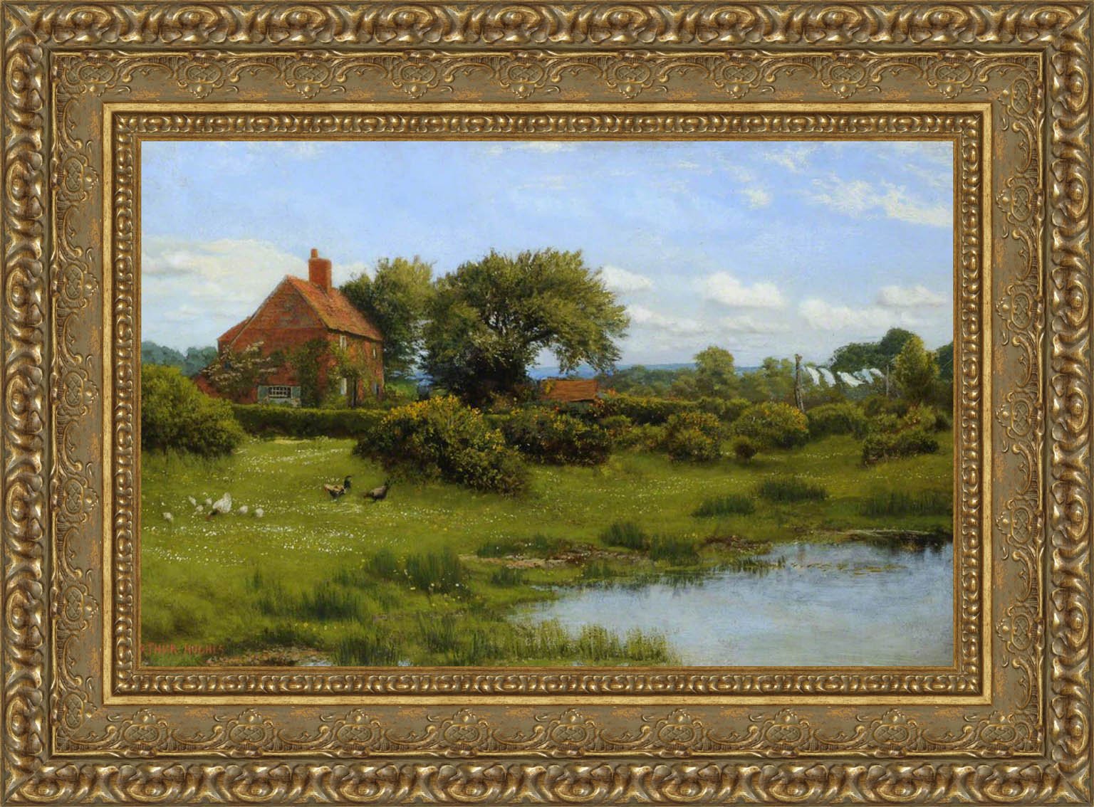 A Cottage With A Pond At Burghfield Near Reading by Arthur Hughes — Framed Giclee Canvas Print | Canvas Classics