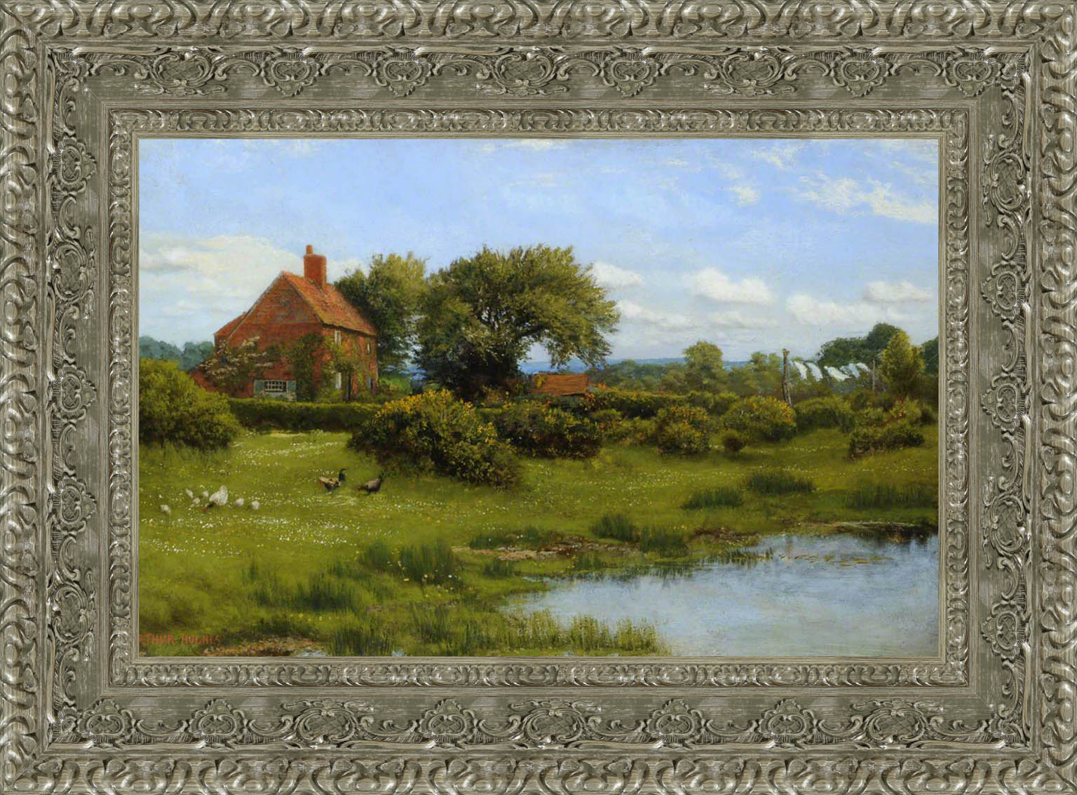 A Cottage With A Pond At Burghfield Near Reading by Arthur Hughes — Framed Giclee Canvas Print | Canvas Classics