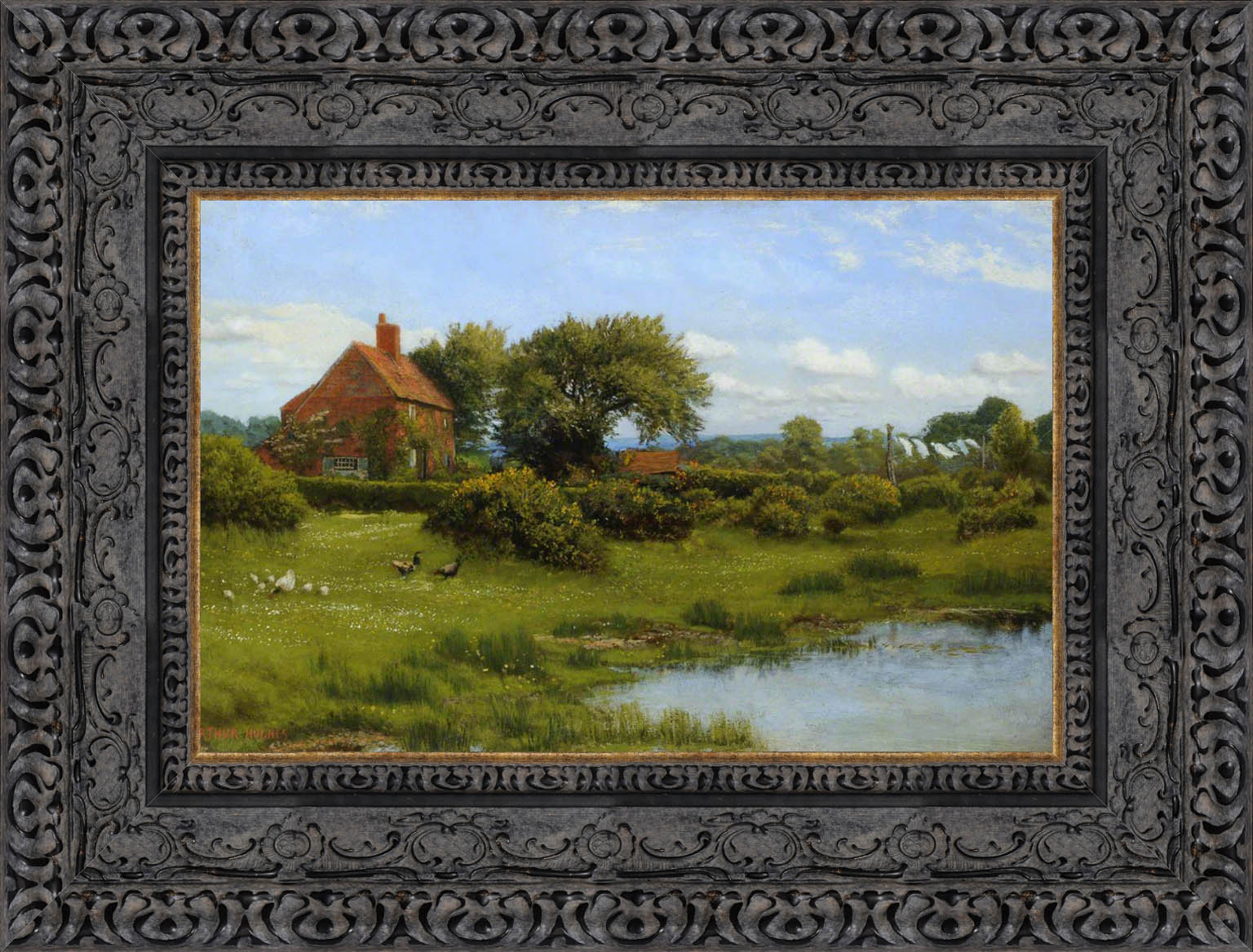 A Cottage With A Pond At Burghfield Near Reading by Arthur Hughes — Framed Giclee Canvas Print | Canvas Classics