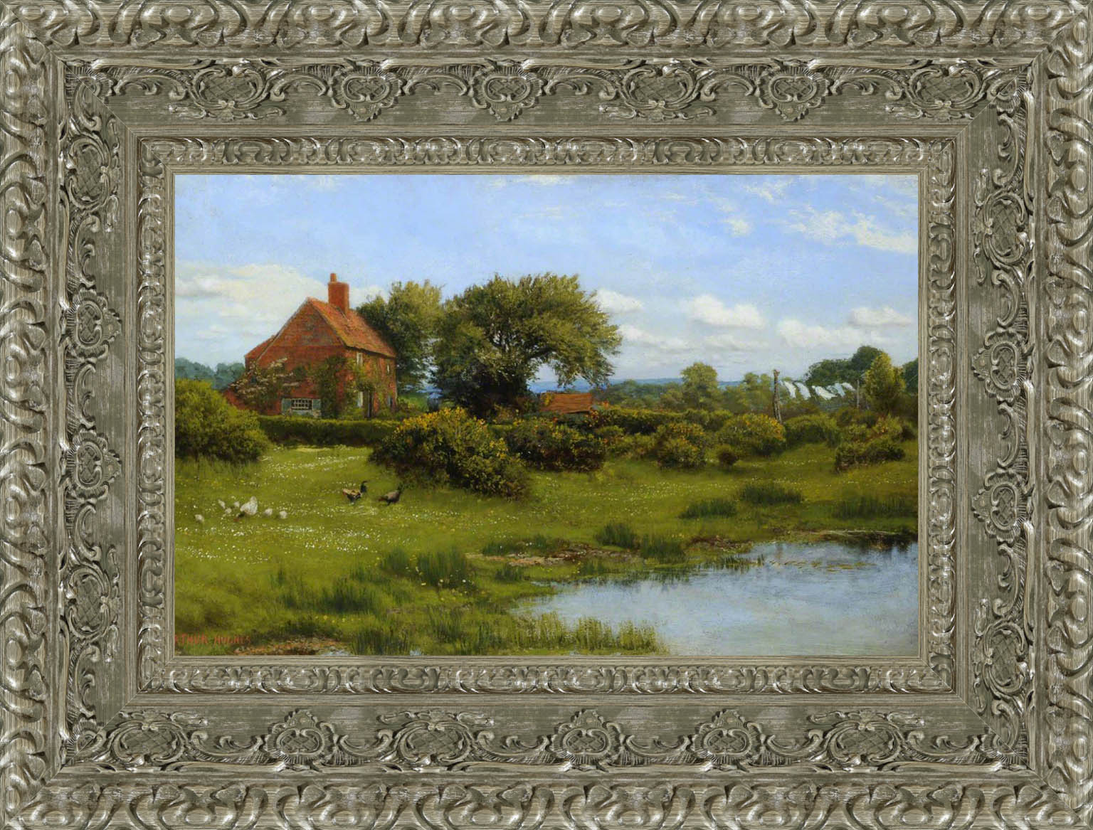 A Cottage With A Pond At Burghfield Near Reading by Arthur Hughes — Framed Giclee Canvas Print | Canvas Classics