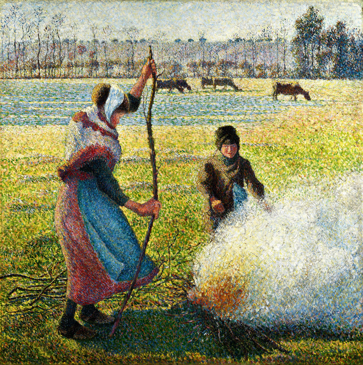 Hoarfrost, Peasant Girl Making a Fire – Camille Pissarro, 1887, framed