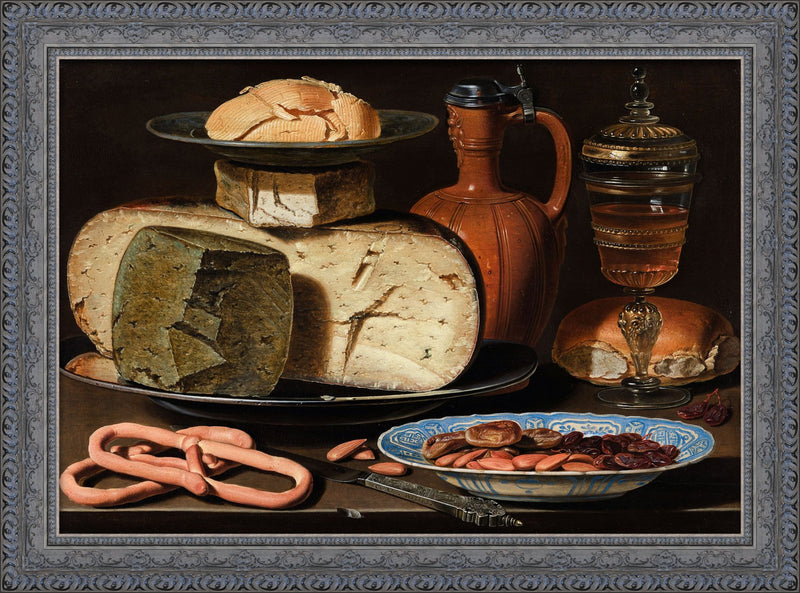 Still Life with Cheeses, Almonds and Pretzels (Stilleven met Kazen, Amandelen en Krakelingen) – Clara Peeters, 1615