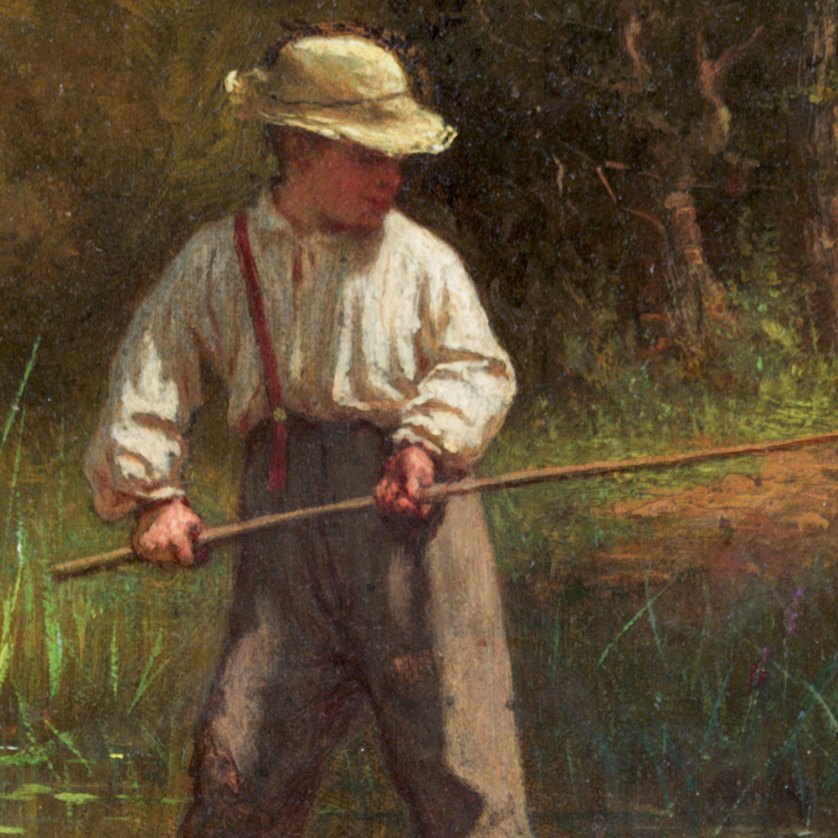 Boy Fishing – Eastman Johnson, c. 1875, print detail at full resolution