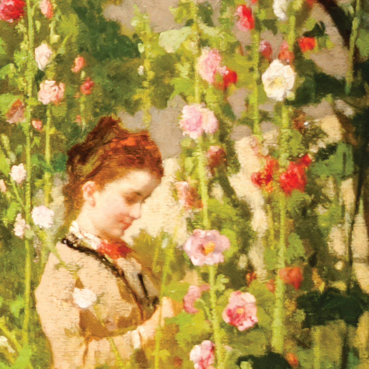 Hollyhocks – Eastman Johnson, 1876, print detail at full resolution