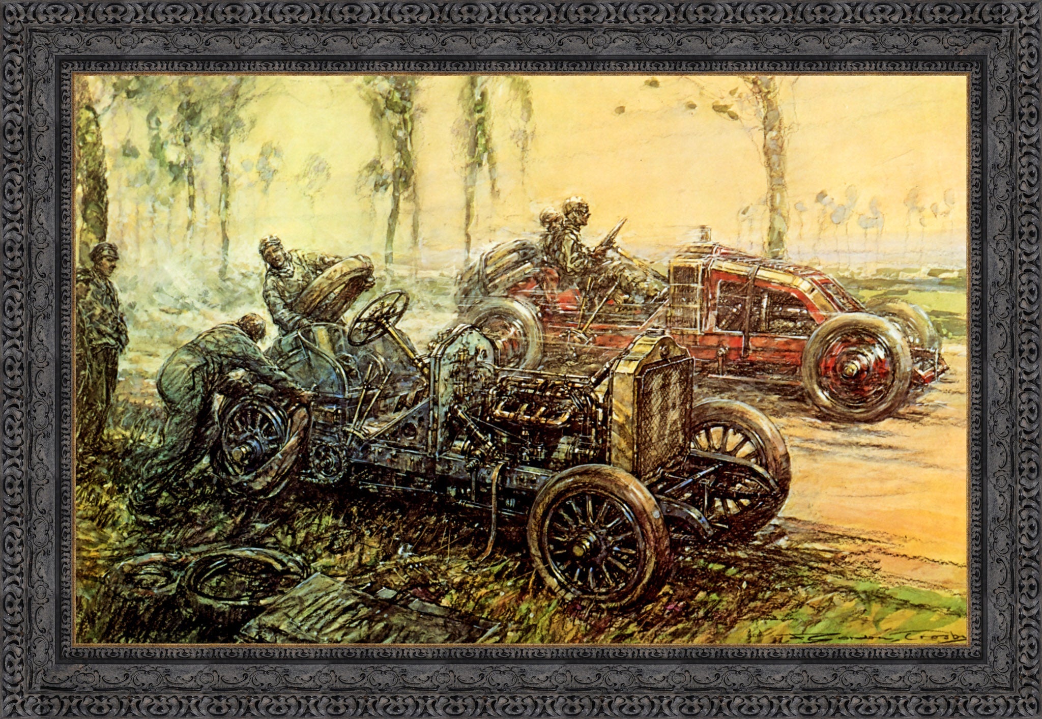 De Dietrich Tyre Trouble, French Grand Prix by F. Gordon Crosby — Framed Giclee Canvas Print | Canvas Classics