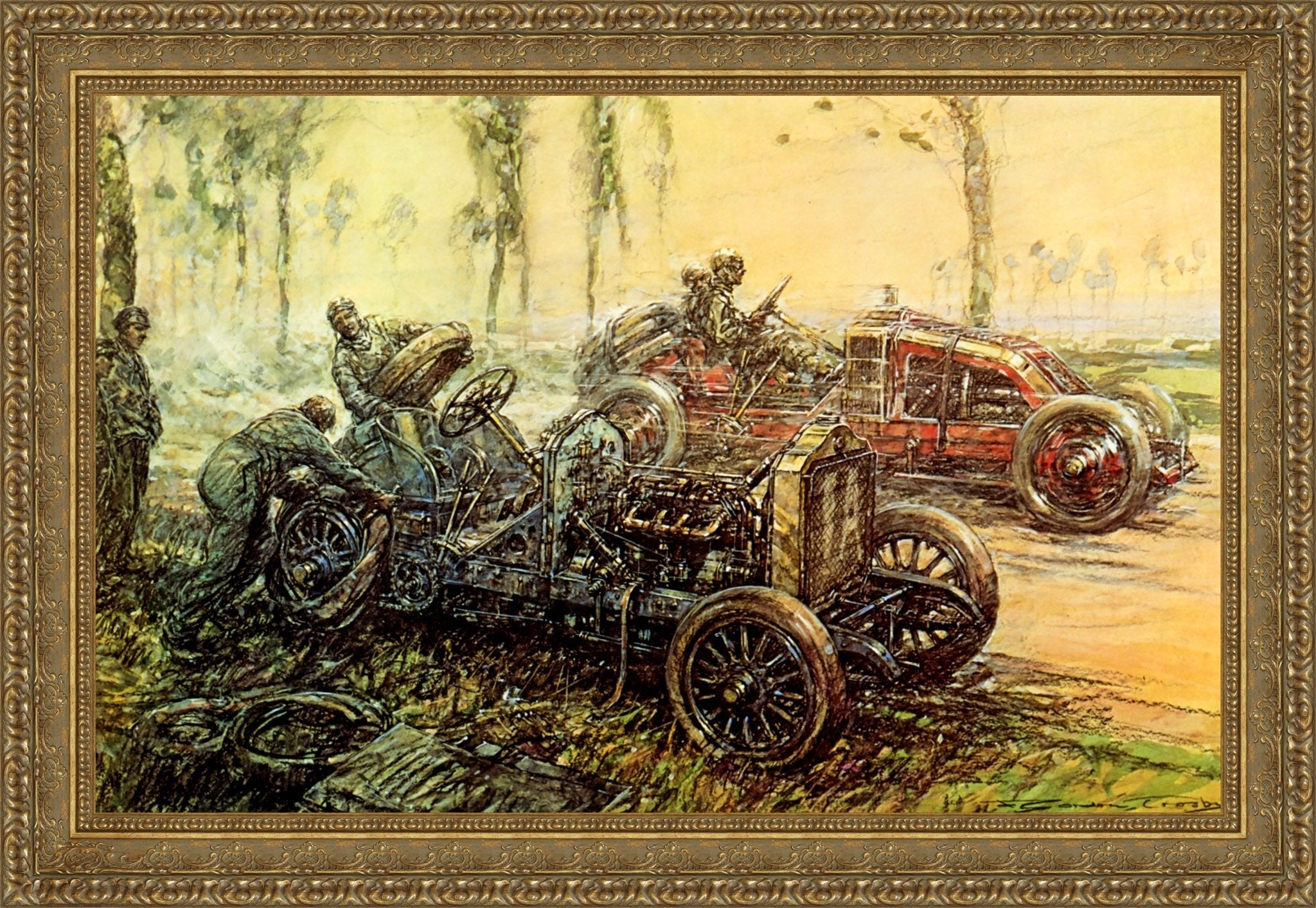 De Dietrich Tyre Trouble, French Grand Prix by F. Gordon Crosby — Framed Giclee Canvas Print | Canvas Classics