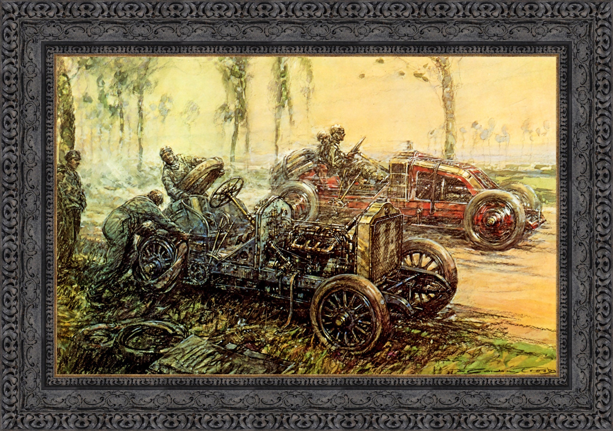 De Dietrich Tyre Trouble, French Grand Prix by F. Gordon Crosby — Framed Giclee Canvas Print | Canvas Classics