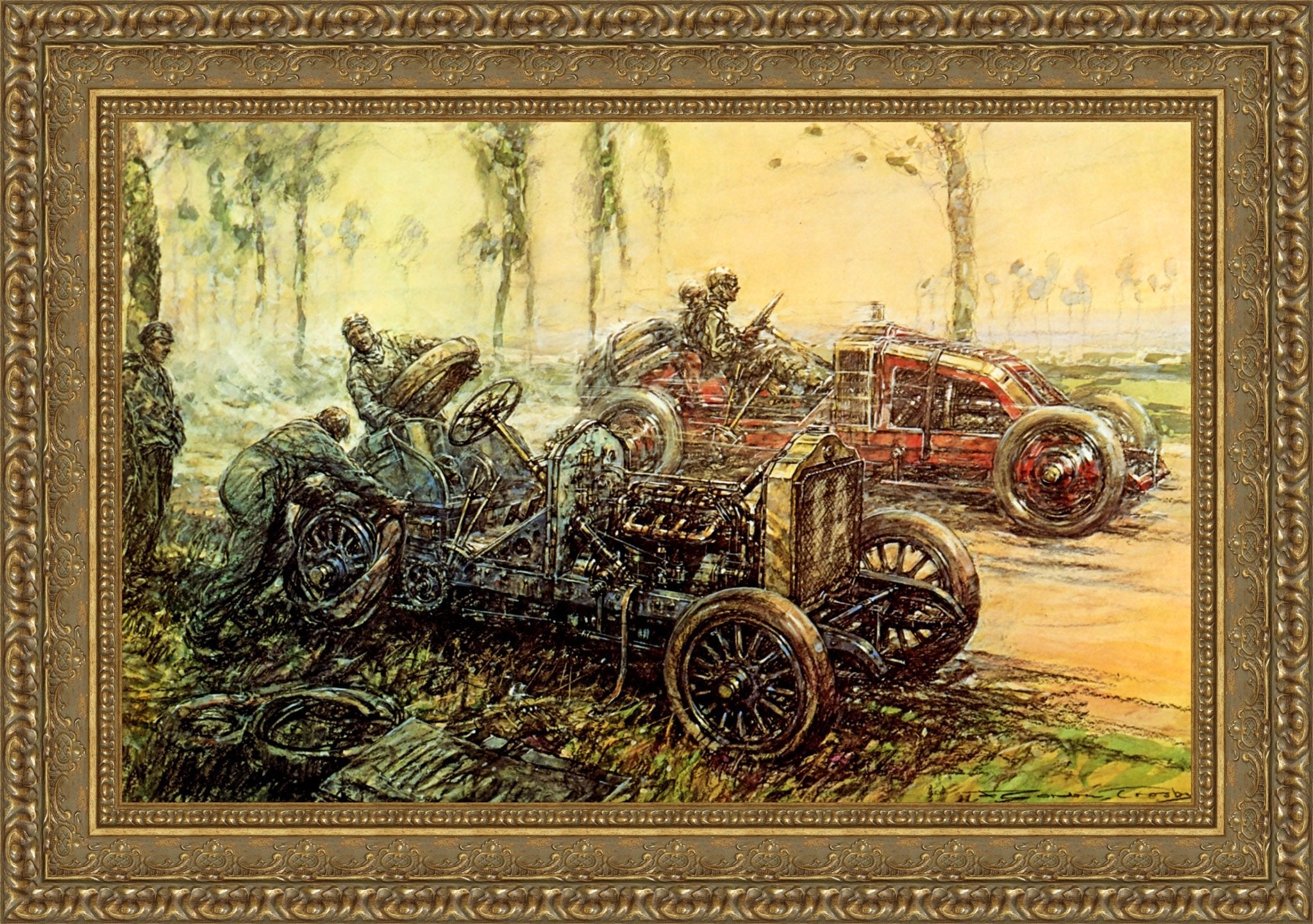De Dietrich Tyre Trouble, French Grand Prix by F. Gordon Crosby — Framed Giclee Canvas Print | Canvas Classics