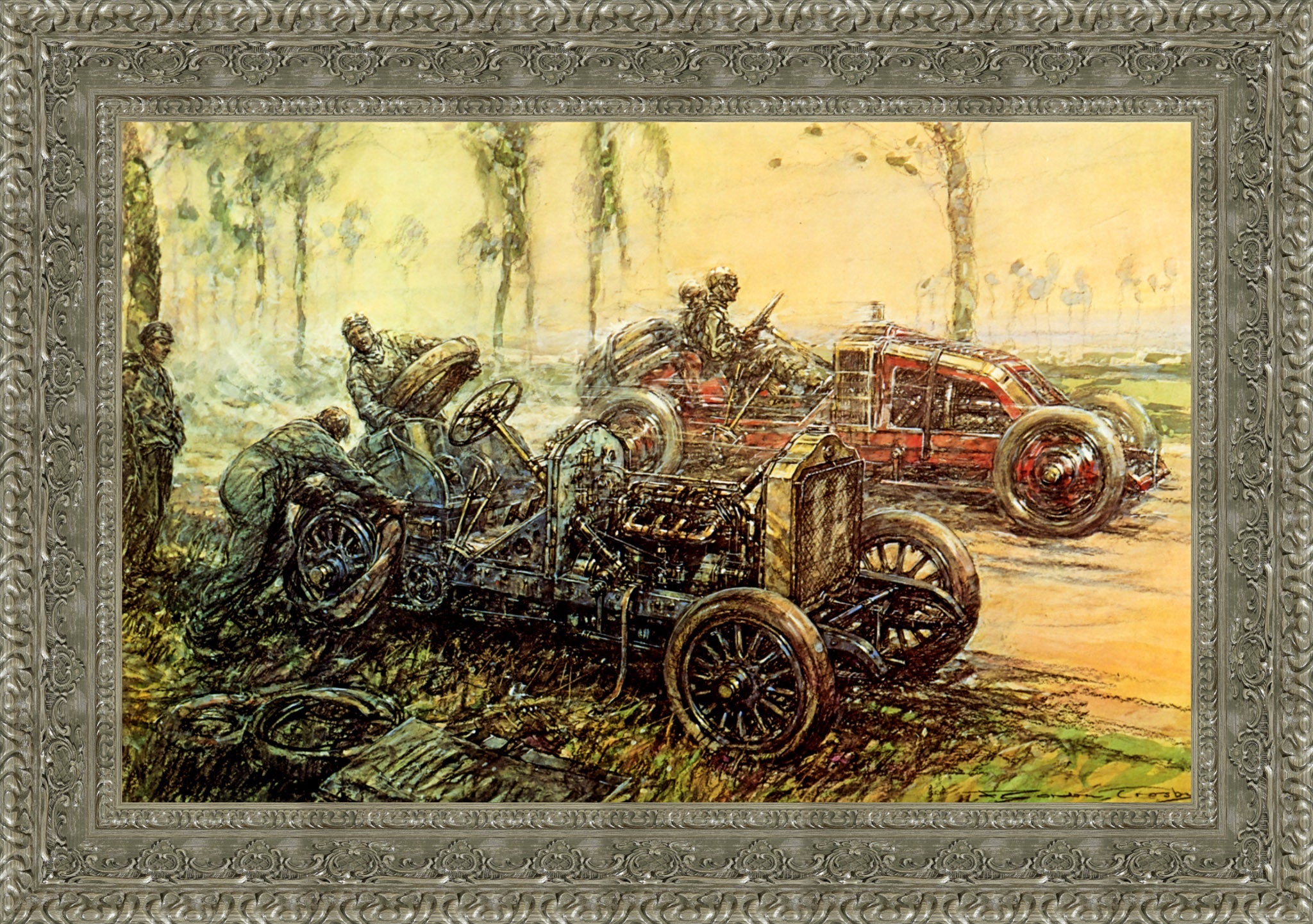 De Dietrich Tyre Trouble, French Grand Prix by F. Gordon Crosby — Framed Giclee Canvas Print | Canvas Classics