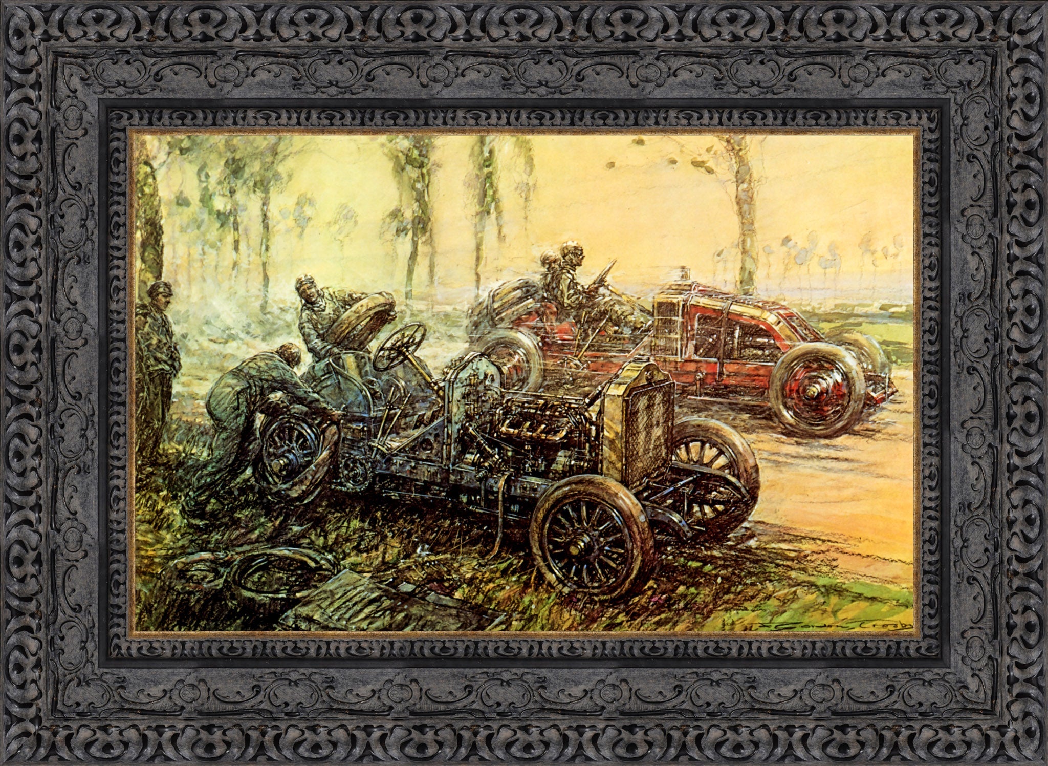 De Dietrich Tyre Trouble, French Grand Prix by F. Gordon Crosby — Framed Giclee Canvas Print | Canvas Classics