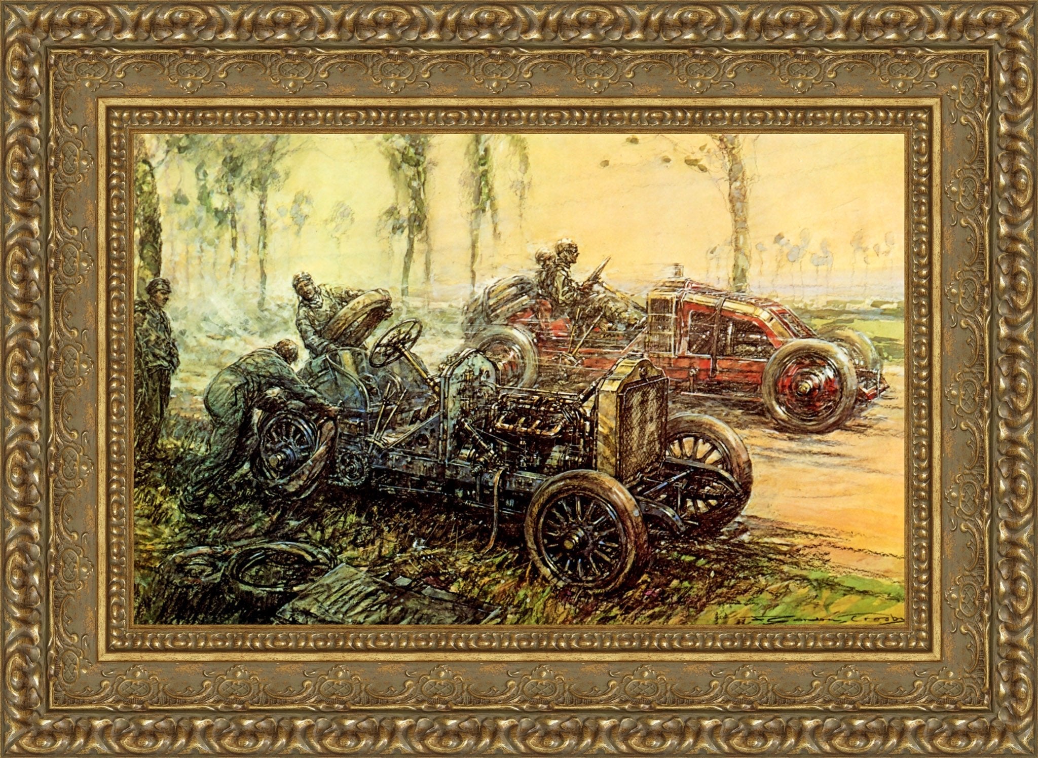 De Dietrich Tyre Trouble, French Grand Prix by F. Gordon Crosby — Framed Giclee Canvas Print | Canvas Classics