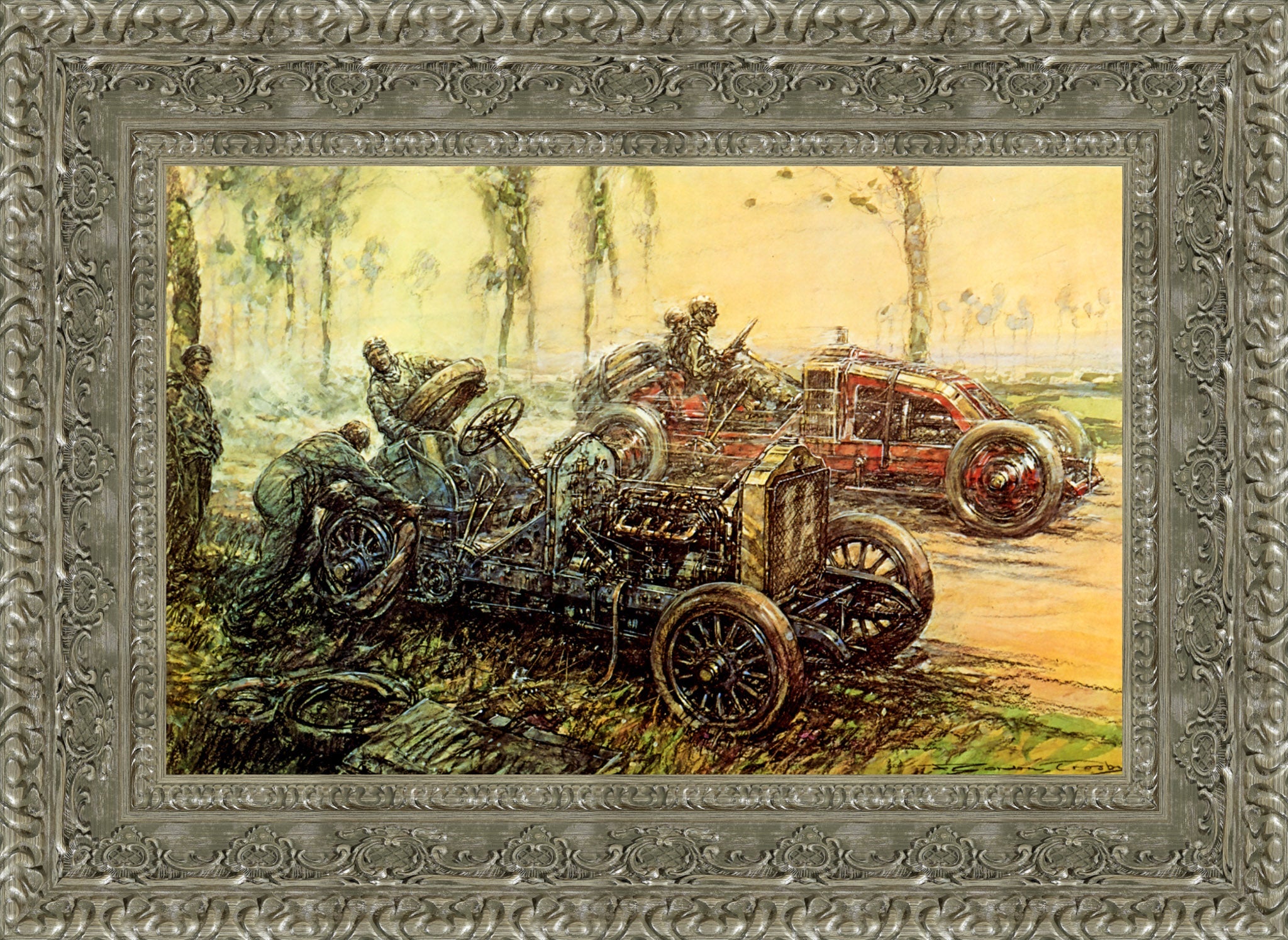 De Dietrich Tyre Trouble, French Grand Prix by F. Gordon Crosby — Framed Giclee Canvas Print | Canvas Classics