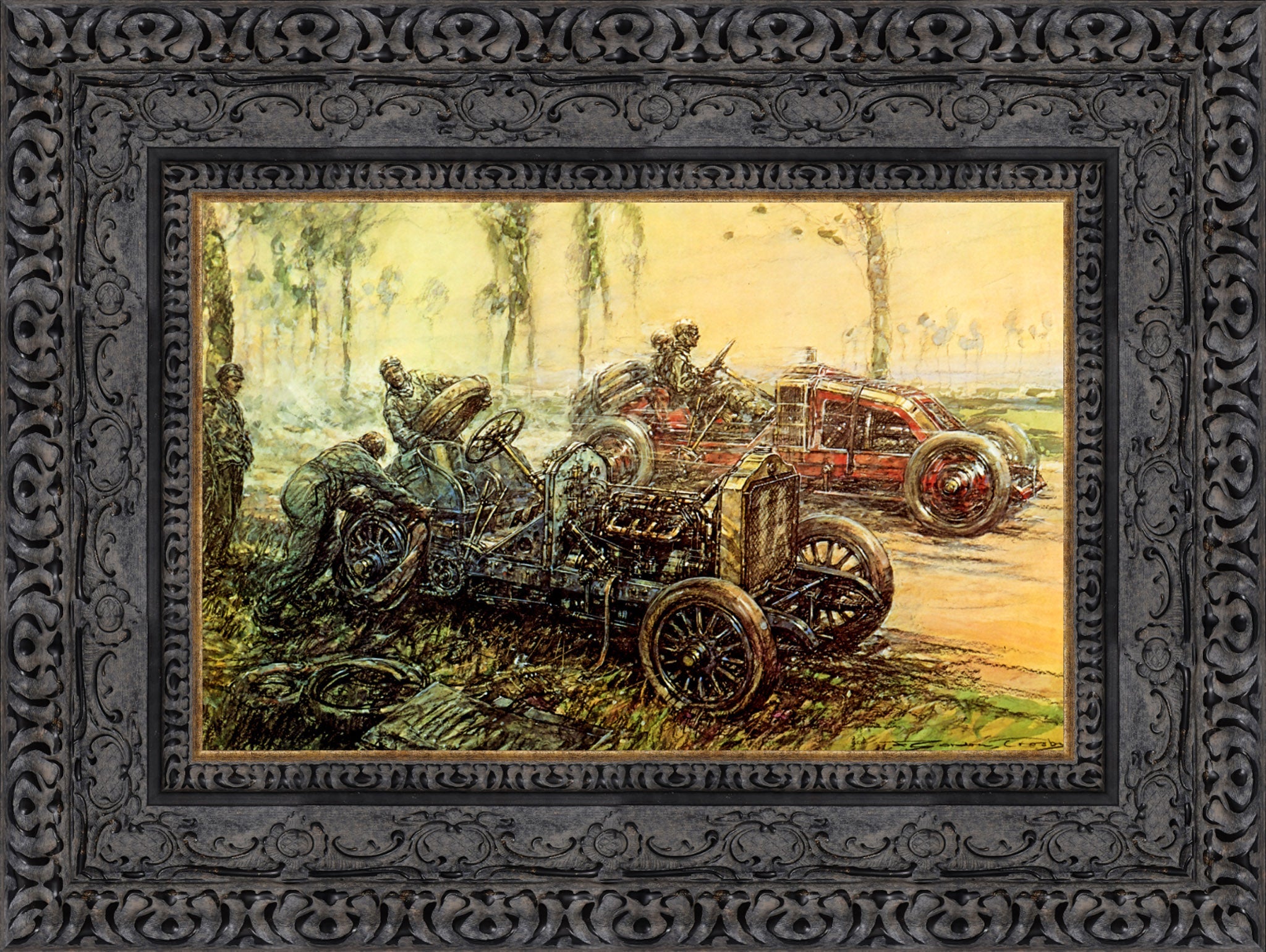 De Dietrich Tyre Trouble, French Grand Prix by F. Gordon Crosby — Framed Giclee Canvas Print | Canvas Classics