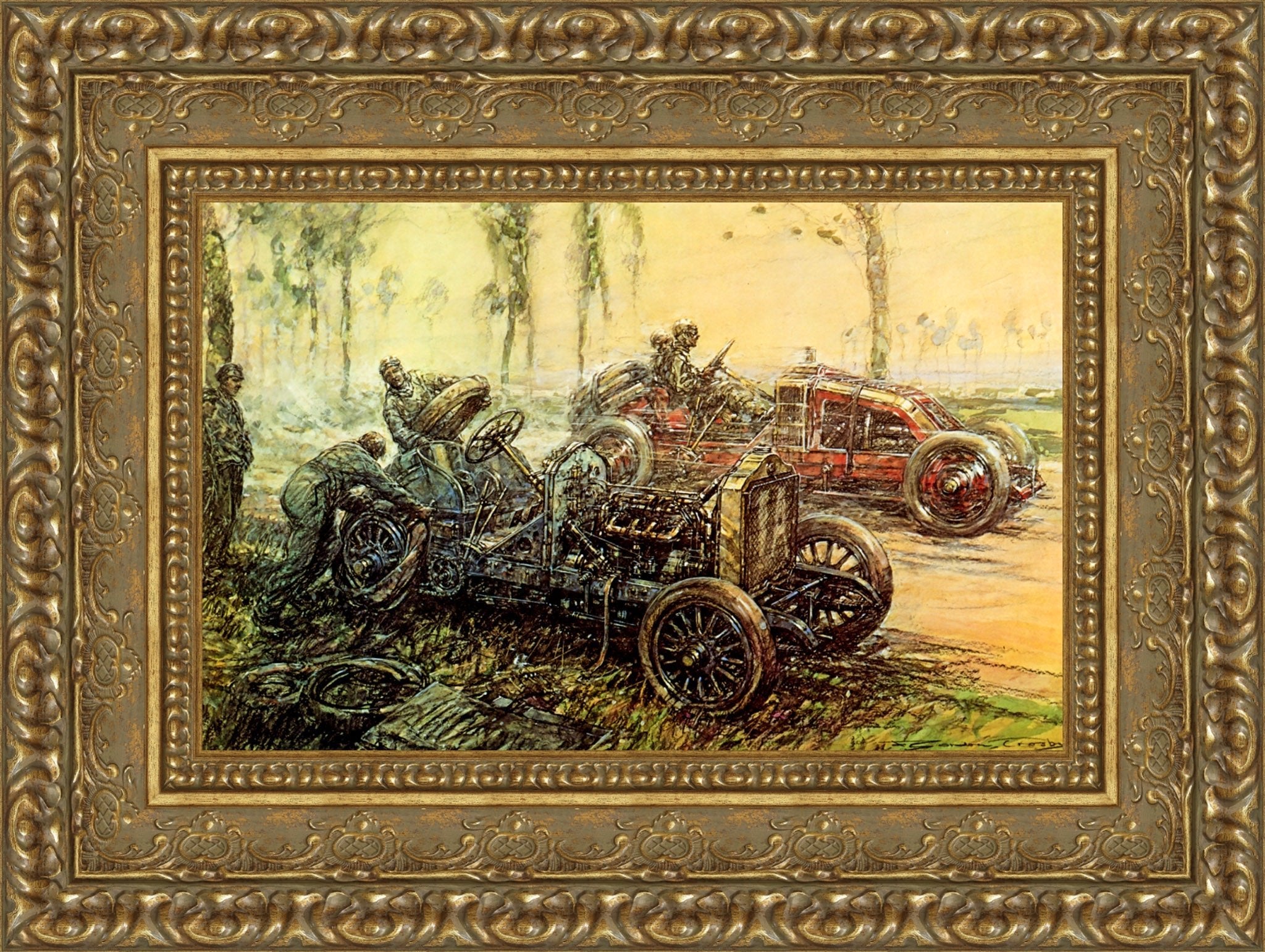 De Dietrich Tyre Trouble, French Grand Prix by F. Gordon Crosby — Framed Giclee Canvas Print | Canvas Classics