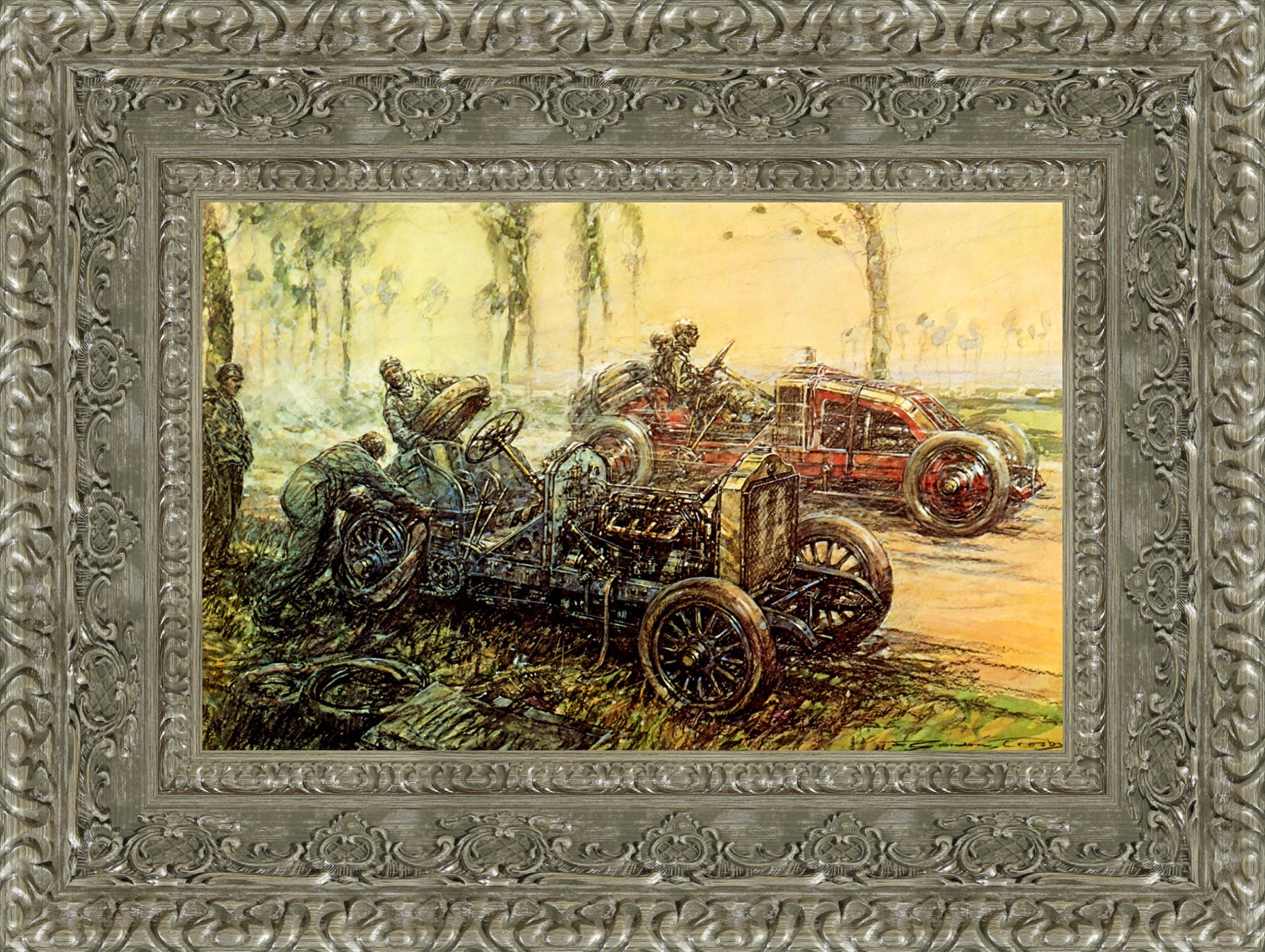 De Dietrich Tyre Trouble, French Grand Prix by F. Gordon Crosby — Framed Giclee Canvas Print | Canvas Classics