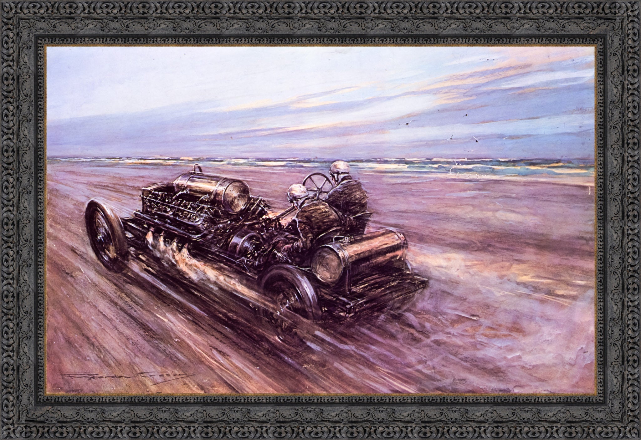 Land Speed Record at Saltburn 1908 by F. Gordon Crosby — Framed Giclee Canvas Print | Canvas Classics