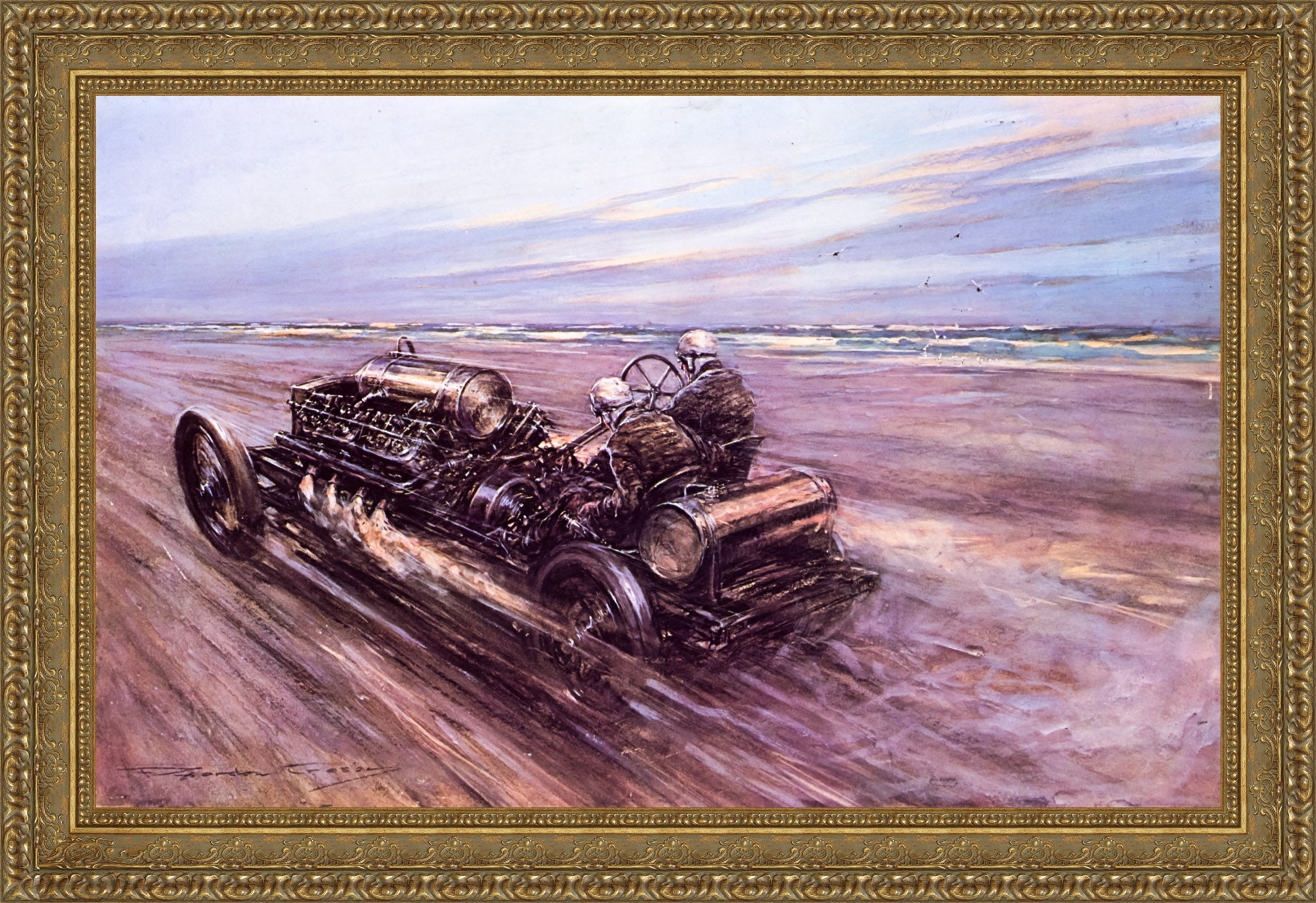 Land Speed Record at Saltburn 1908 by F. Gordon Crosby — Framed Giclee Canvas Print | Canvas Classics