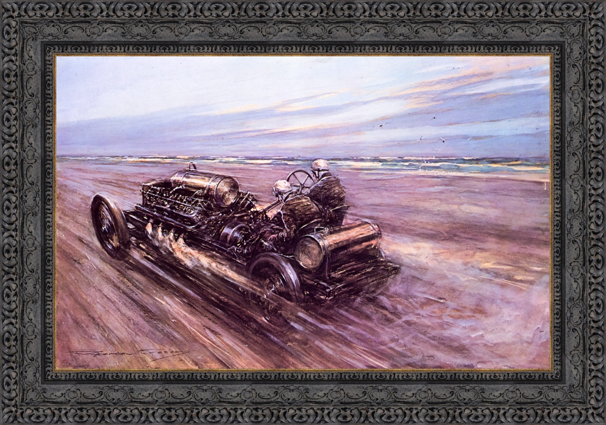 Land Speed Record at Saltburn 1908 by F. Gordon Crosby — Framed Giclee Canvas Print | Canvas Classics