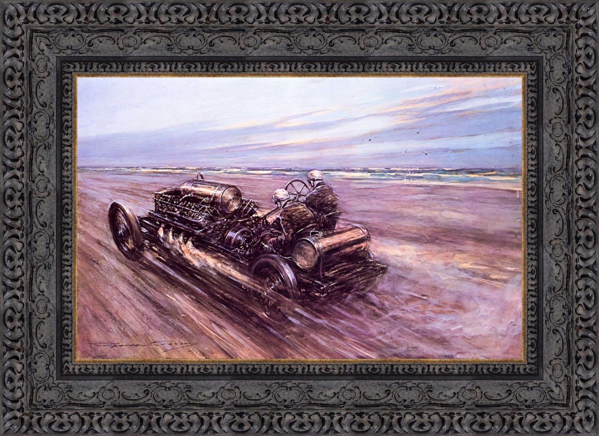 Land Speed Record at Saltburn 1908 by F. Gordon Crosby — Framed Giclee Canvas Print | Canvas Classics