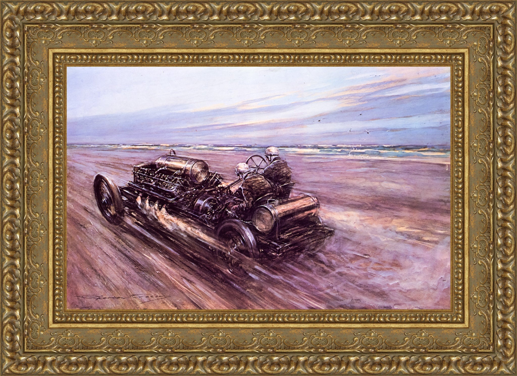 Land Speed Record at Saltburn 1908 by F. Gordon Crosby — Framed Giclee Canvas Print | Canvas Classics