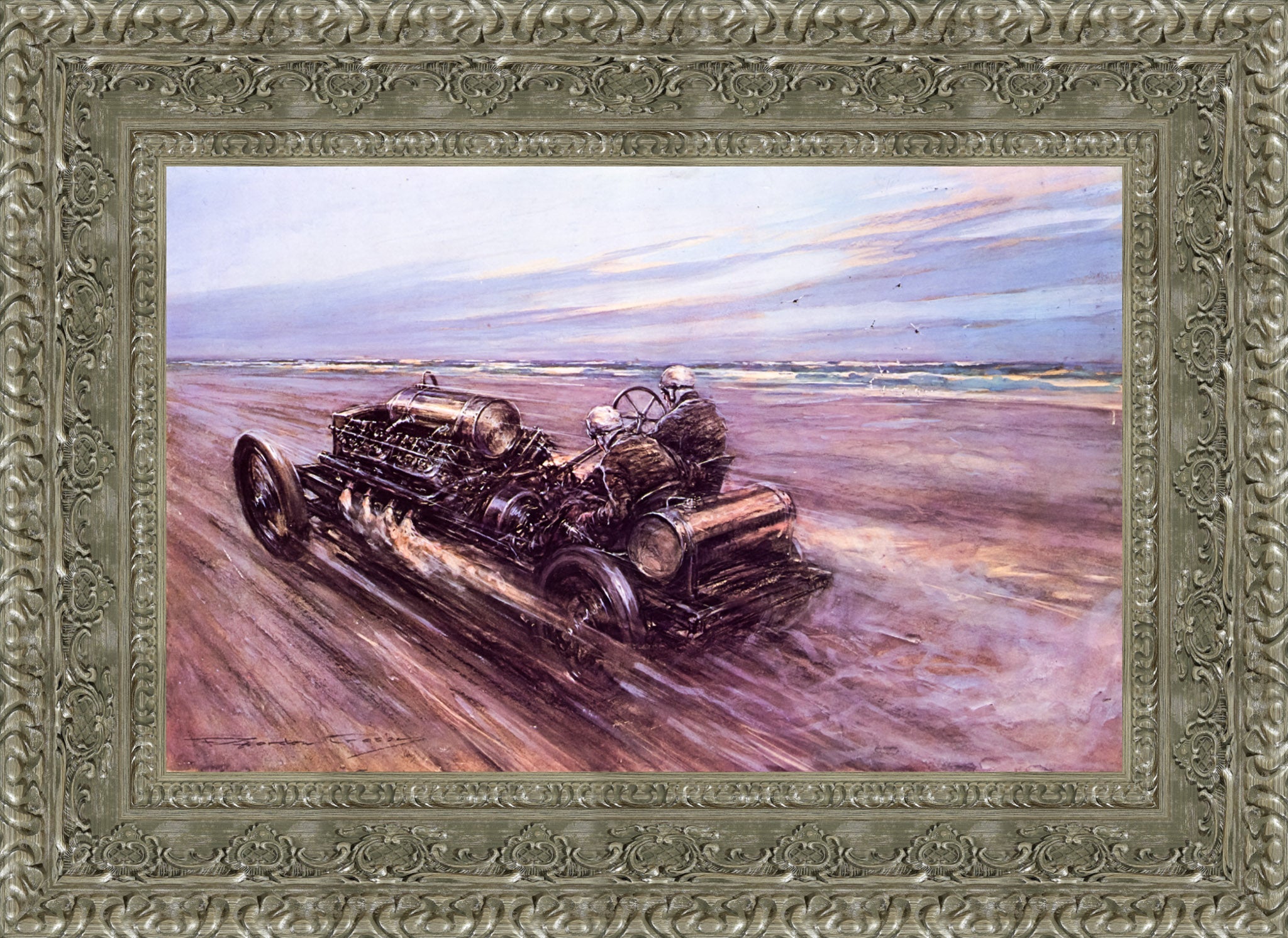 Land Speed Record at Saltburn 1908 by F. Gordon Crosby — Framed Giclee Canvas Print | Canvas Classics