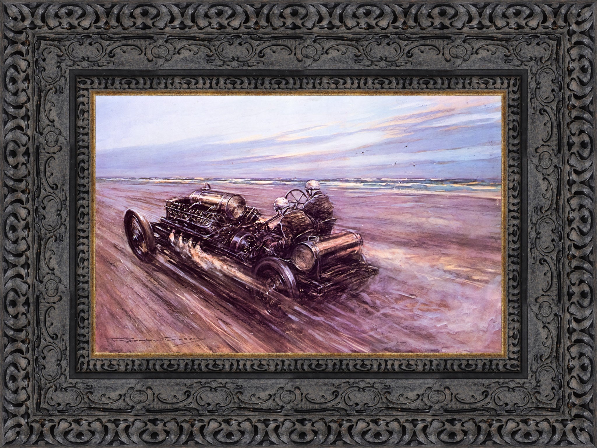 Land Speed Record at Saltburn 1908 by F. Gordon Crosby — Framed Giclee Canvas Print | Canvas Classics