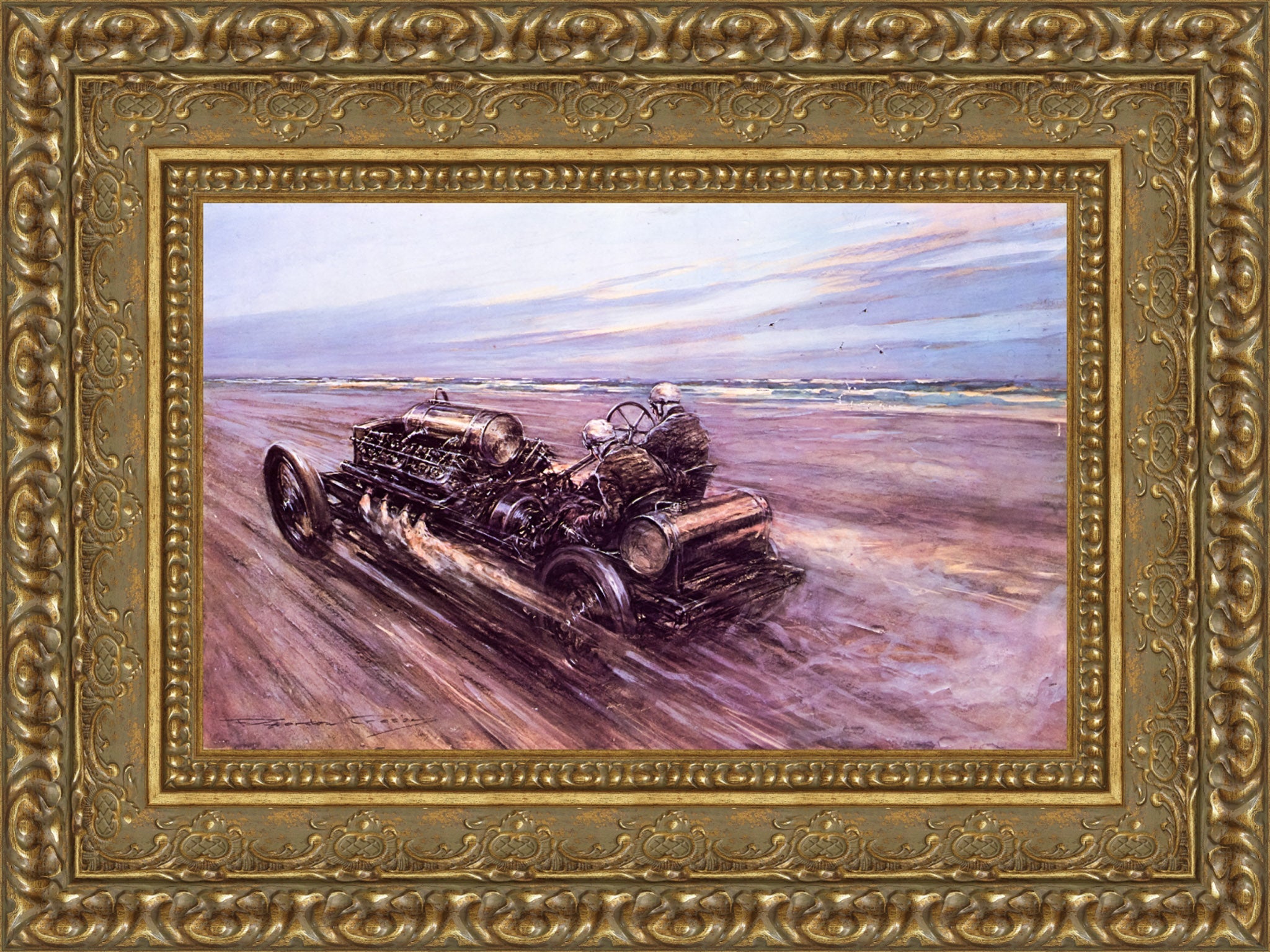 Land Speed Record at Saltburn 1908 by F. Gordon Crosby — Framed Giclee Canvas Print | Canvas Classics