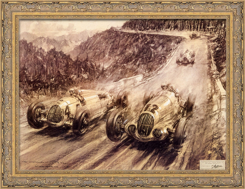 Rosemeyer & Caracciola During ’37 Eifel Grand Prix – F. Gordon Crosby, 1937